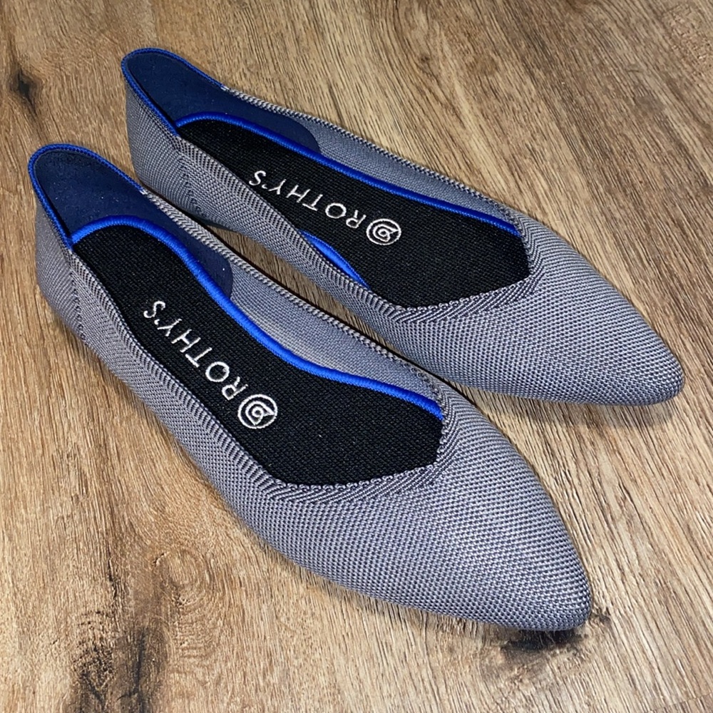 Rothy's Gray Pointed Toe Flats with Blue Trim
